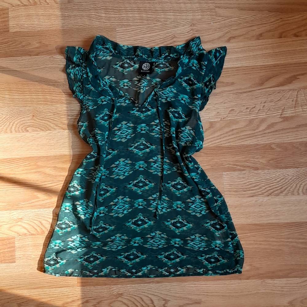 Bobeau Sheer Green Patterned Blouse